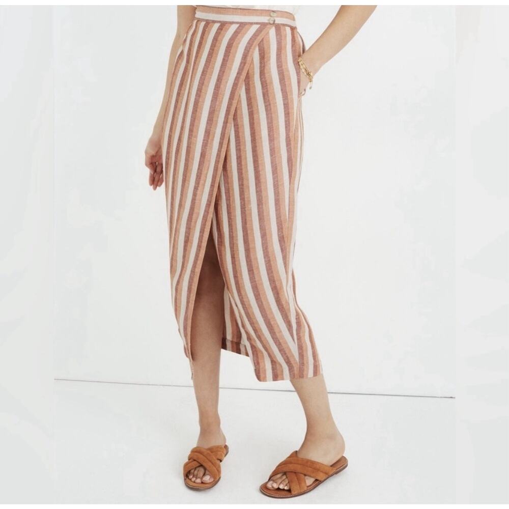Madewell Pull-On Faux Wrap Midi Skirt Womens Size XL Striped Linen Brown Orange